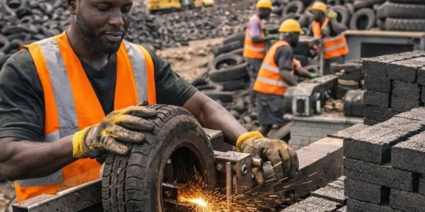 Empreendedor nigeriano aposta na reciclagem de pneus para virar pneus velhos em tijolos de borracha em Lagos